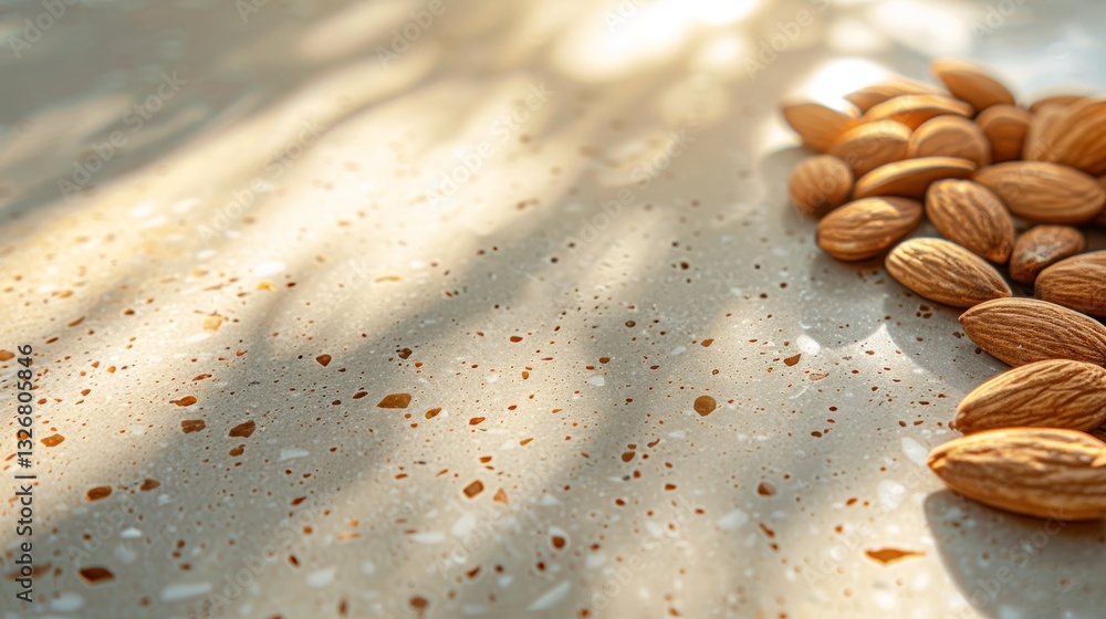 Poster high quality closeup of almond seeds on a table with empty space