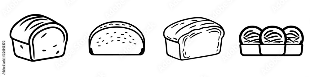 Aufkleber different types of bread and rolls are displayed on a white background in a simple, artistic style