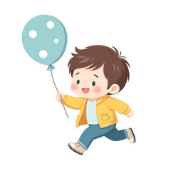 Cartoon Boy Running With Blue Balloon and Yellow Jacket