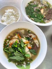 Thai Style Clear Soup with Congealed pork blood, pork entrails clear soup. Chinese food.