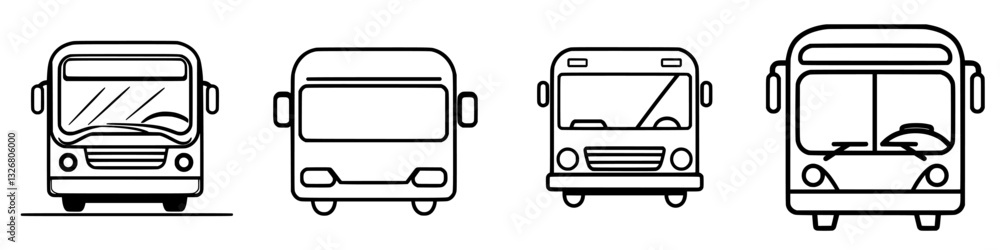 Poster collection of simple bus illustrations showing different designs and styles in a black and white gra