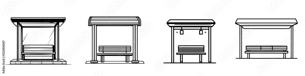 Poster various designs of bus stops showcasing different architectural styles and seating arrangements