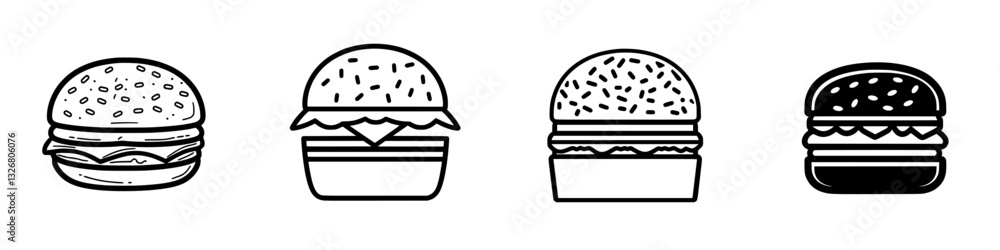 Poster four distinct hamburger designs showcasing different styles and toppings in a minimalist artistic fo