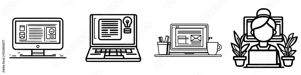 Poster different types of computers and digital devices being used in an office environment for work and pr