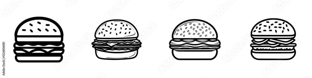 Poster various illustrated burgers displayed in a simple and appealing style for food enthusiasts and graph