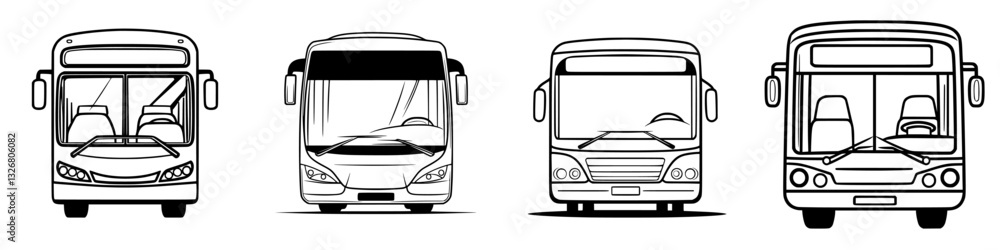 Poster different styles of buses lined up with various designs and features during daytime
