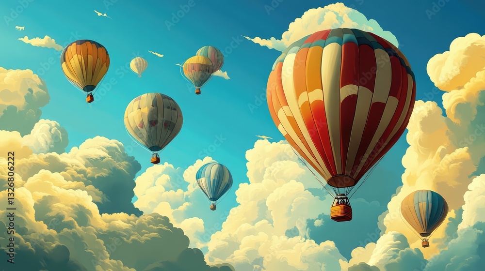 Poster a collection of floating balloons in the sky with soft, puffy clouds providing a light background wi