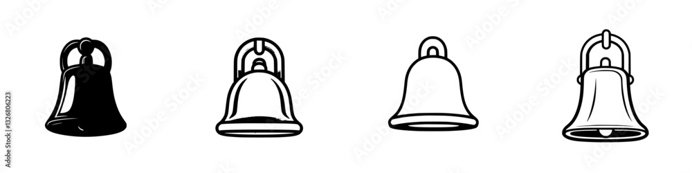 Poster collection of four distinct bell designs showcasing variations in style and color for artistic inspi