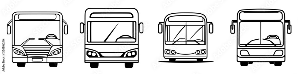 Poster various bus designs showcasing front views in a simple and sleek style for transportation concepts