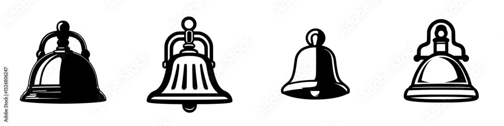 Poster decorative bells arranged in a row showcasing various styles and designs on a white background