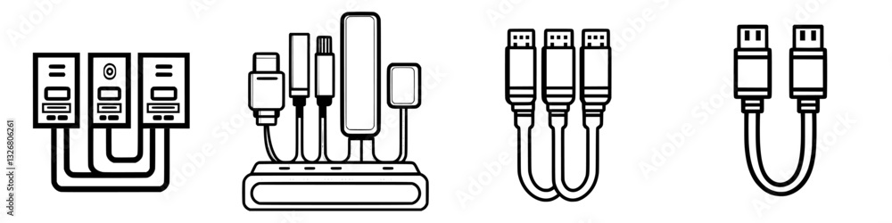 Poster detailed illustration of various types of computer cables and connectors arranged neatly on a surfac