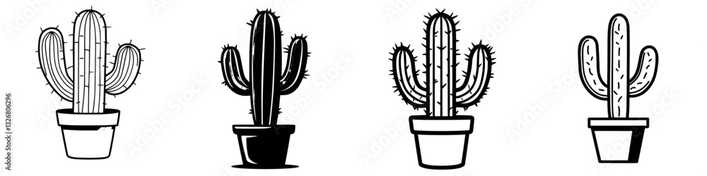 Poster cactus plants in various shapes and sizes displayed in simple pots on a white background