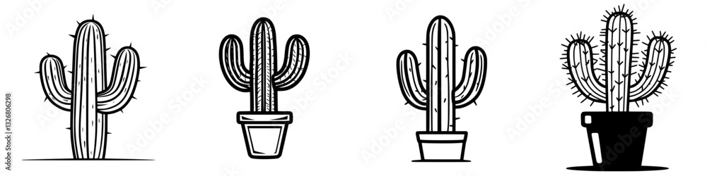 Aufkleber cactus illustrations showcasing various styles and forms arranged in simple line art designs