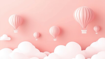 A collection of floating balloons in the sky with soft, puffy clouds providing a light background with ample copy space.