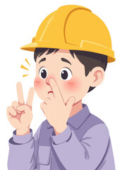 Cartoon construction worker picks nose, gives peace sign