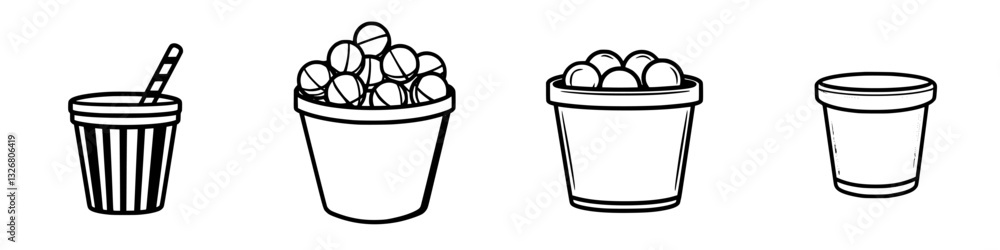 Poster collection of simple line drawings representing various types of containers filled with round object