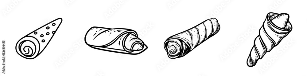 Poster different types of rolled pastries displayed in a simple line art style on a white background