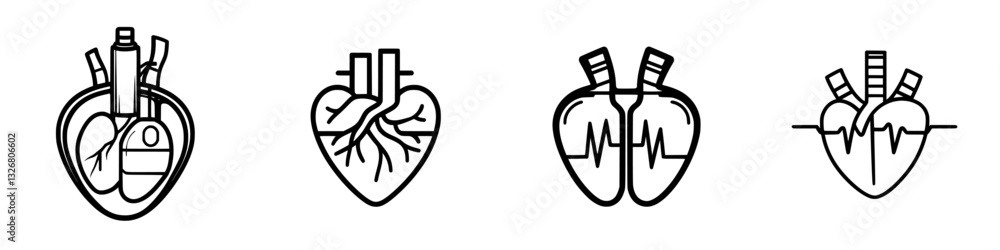 Poster heart illustrations showcasing different anatomical aspects and functions in a simple design style