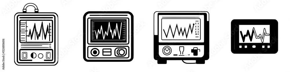 Poster different types of medical monitors displaying vital signs in a clinical setting with various design