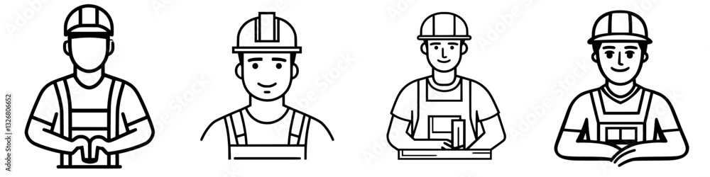 Poster different construction workers engaged in various tasks with safety helmets at a worksite during day