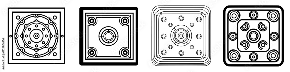 Poster intricate designs of circular patterns arranged within square boundaries in black and white artwork