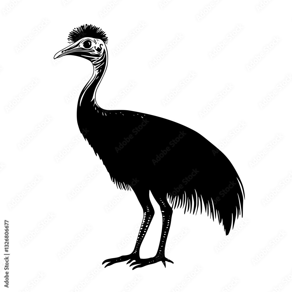 Poster large flightless bird with distinctive crest standing in profile against a white background