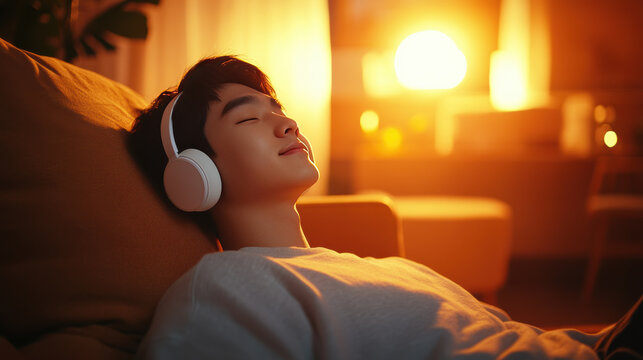 Relaxed Asian young man enjoying music with headphones in cozy room.