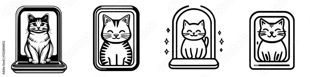 Poster collection of four cute cat illustrations showcasing different cat expressions and poses in a minima