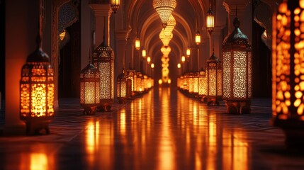 A beautifully decorated mosque corridor filled with traditional Ramadan lanterns, elegant warm glow, festive and serene