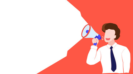 Vector flat illustration of A business man shout on megaphone announcing marketing communications, promotion, attention. Advertising sign with copy space for text.