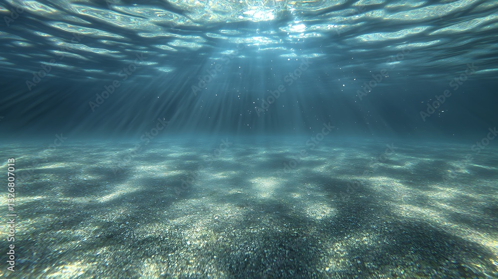 Poster beneath the ocean surface, light filters through water, creating a serene, tranquil atmosphere.