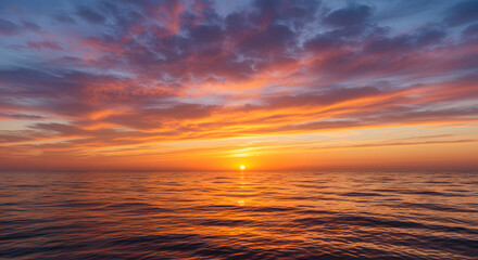 A stunning sunset over the ocean, with warm orange and pink hues reflecting on the water.