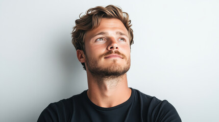 Obraz premium young man with wavy hair and beard, looking thoughtfully upwards against light background.