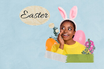 Creative photo collage picture young woman textbox say phrase bubble easter holiday rabbit costume...