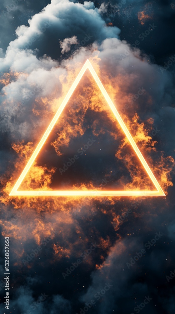 Poster illuminated triangle frame in fiery smoke background