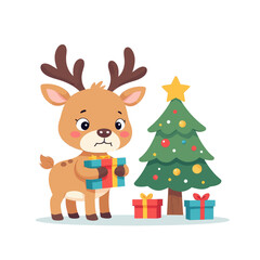 Cartoon Reindeer Holding Present Near Christmas Tree