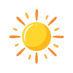 Cartoon yellow sun with orange rays on white background
