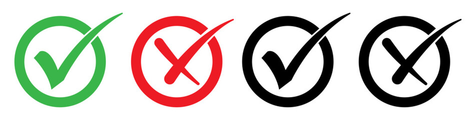 Check mark and cross icons in green, red, and black colors. Symbols for correct, wrong, approval, rejection, and decision making in a simple, minimal style. Checkmark, cross mark, tick, icons, vector.