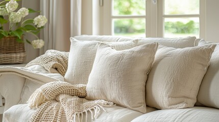 High Resolution Close Up of a Plush Fabric Sofa with Decorative Cushions and Throw Pillows