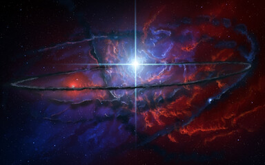disegno digitale di fantasia che rappresenta con una panoramica una vastissima nebulosa nello spazio cosmico dai colori misti di rosso e blu con al centro una stella azzurra