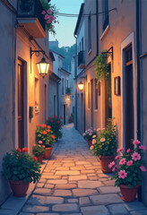 Fototapeta premium Charming Italian Alleyway with Potted Flowers and Warm Lights