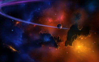 disegno digitale di fantasia che rappresenta con una panoramica una vastissima nebulosa dai colori...