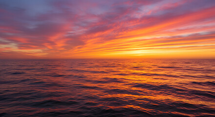 A stunning sunset over the ocean, with warm orange and pink hues reflecting on the water.