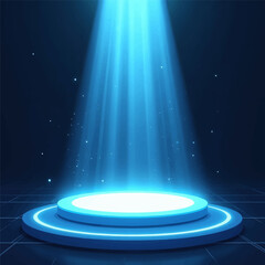 Circular stage bathed in bright blue light beams
