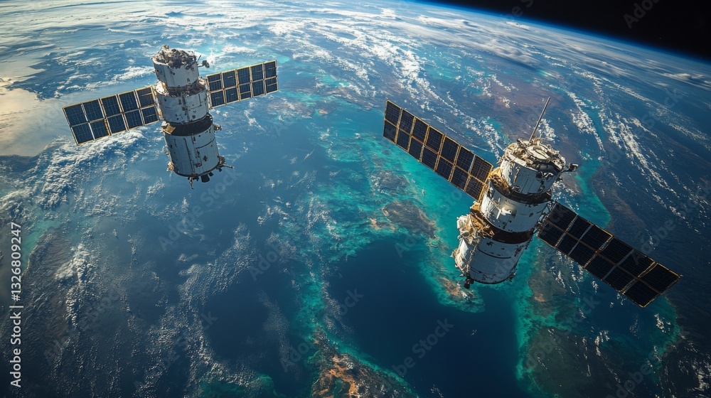 Aufkleber two advanced satellites are positioned in low earth orbit, actively collecting geospatial data. they