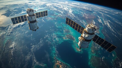 Two advanced satellites are positioned in low Earth orbit, actively collecting geospatial data. They transmit telemetry and conduct detailed analysis for enhanced surveillance capabilities.