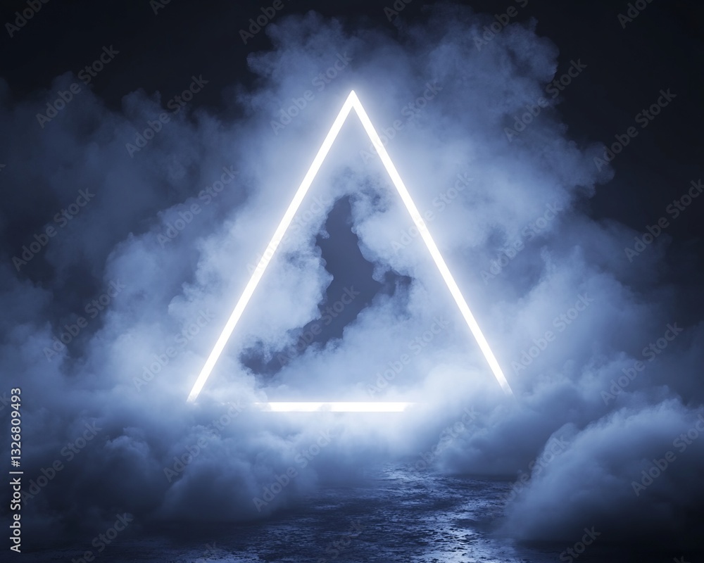 Poster illuminated triangular neon frame in smoky environment