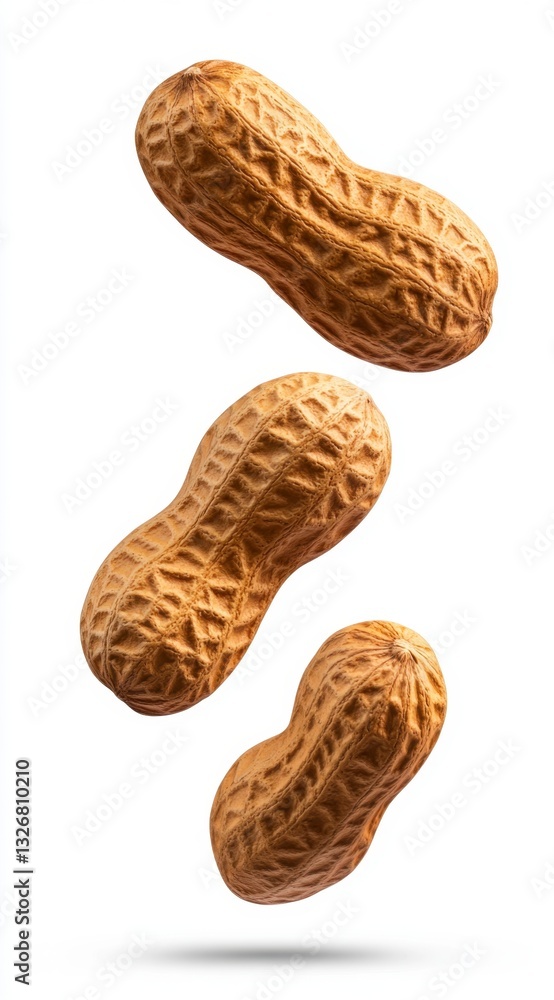 Poster three peanuts in shell falling against a white background. the peanuts are light brown with a textur