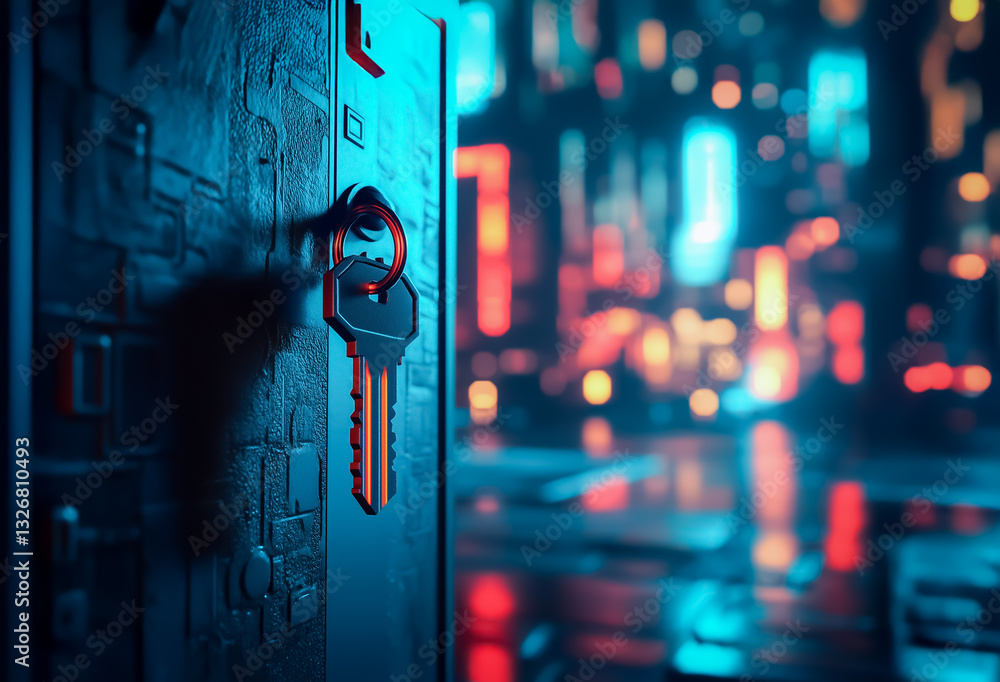 Poster a close-up of a key in a digital lock, surrounded by glowing circuits and neon lights, symbolizing a