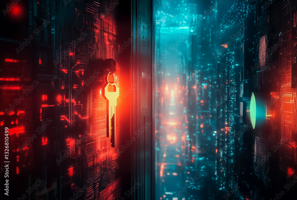 Poster a metallic key is inserted into a futuristic high-tech lock, glowing with red and blue neon lights, 